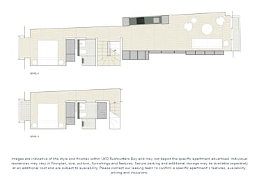 A floor plan of a building with two levels, showing the layout of rooms and doors.