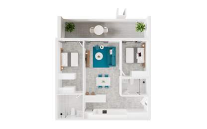 A white bathroom with a blue door and a white sink.