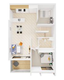 A white kitchen with a sink and a fridge.