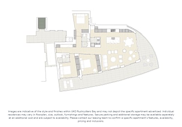A floor plan of a building with rooms and spaces outlined.