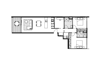 A black and white floor plan of a house with a kitchen, living room, and bedrooms.