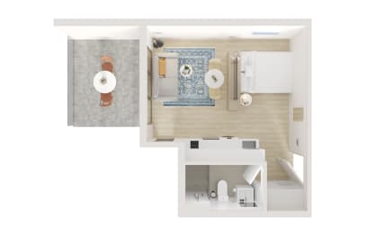 a stylized floor plan with a bathroom and a bedroom