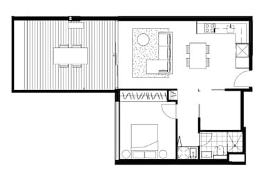 A black and white floor plan of a house with three bedrooms and a living room.
