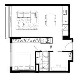 A black and white floor plan of a house with a kitchen, living room, and bathroom.
