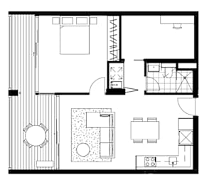 A black and white floor plan of a house with a kitchen, living room, and bathroom.