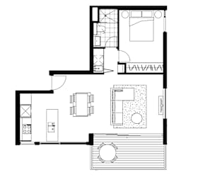A black and white drawing of a house plan with a living room, kitchen, and bathroom.