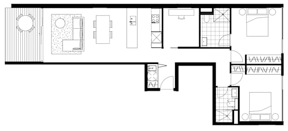 A black and white floor plan of a house with a kitchen, living room, dining room, and bathrooms.