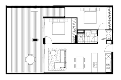 A black and white floor plan of a house with a kitchen, living room, and bathroom.