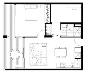 A black and white floor plan of a house with a kitchen, living room, and bathroom.
