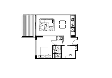 A black and white floor plan of a small apartment.
