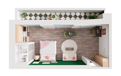 A modern living room with a white sofa and a wooden coffee table.