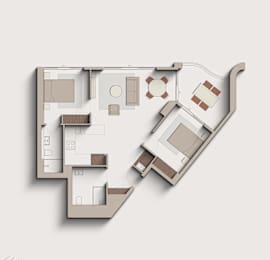 A 3D rendered image of a house layout.