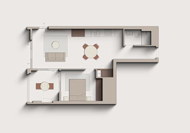 A floor plan of a house with a kitchen, living room, and two bedrooms.