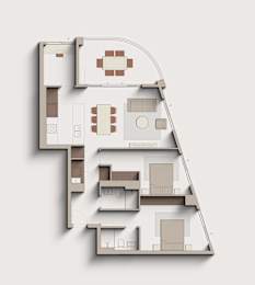 A floor plan of a house with a kitchen, living room, and bedrooms.