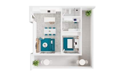 A white bathroom with a blue toilet and sink.