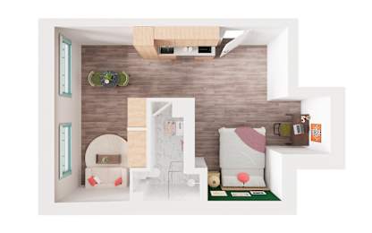 A dollhouse with a bedroom, living room, and kitchen.