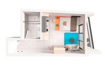 a model of a studio apartment with a blue chair and a couch