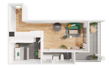A modern house plan with a living room, kitchen, and bathroom.