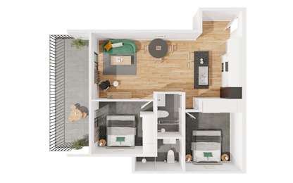 A top down view of a small apartment with a kitchen, living room, and bathroom.
