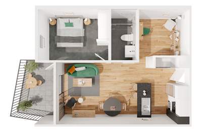 A top down view of a modern kitchen and living room.