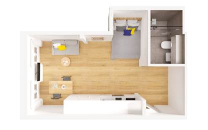 A white and wood kitchen with a white counter and a white sink.