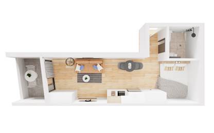 a stylized floor plan of a studio apartment with a bedroom and a bathroom