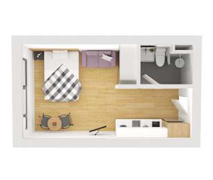 A top-down view of a small, neatly organized room with a bed, a desk, and a chair.