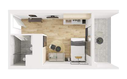 A modern apartment with a kitchen, living room, and bathroom.