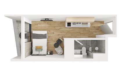 A modern kitchen with a wooden backsplash and white cabinets.