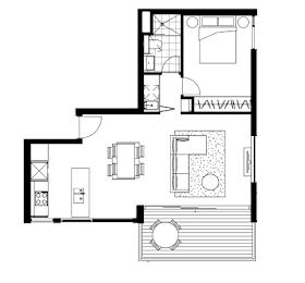 A black and white drawing of a house plan with a living room, kitchen, and bathroom.