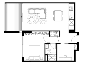 A black and white floor plan of a house with a kitchen, living room, and bathroom.