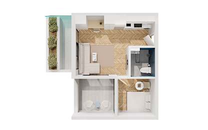 a floor plan of a small apartment with a bathroom and a bedroom