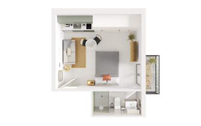 a floor plan of a studio apartment with a bedroom and a living room