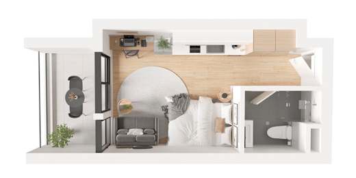 A modern living room with a grey sofa and a wooden floor.