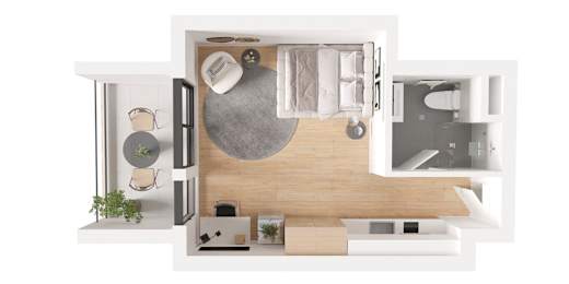 A top-down view of a modern, minimalist apartment with a kitchen, living room, and bedroom.