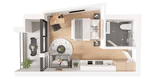 A modern, minimalist interior design of a small apartment with a kitchen, living room, and bathroom.