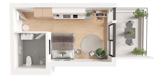 A top-down view of a modern apartment layout with a kitchen, living room, and bathroom.