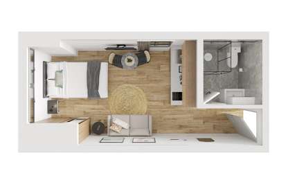 A modern kitchen with a wooden wall and a white countertop.