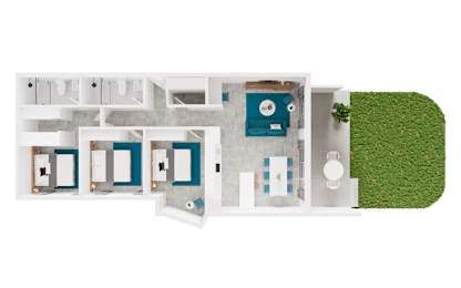 a floor plan of a white and blue house with a green wall