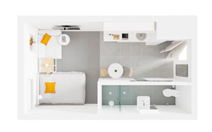 a top view of a bathroom with a bed and a sink
