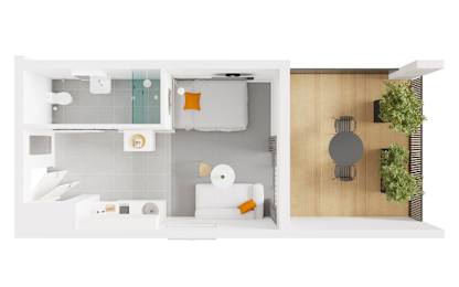 a floor plan of a small apartment with a bathroom and a bedroom