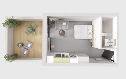 A modern kitchen with a white color scheme and a dining area.