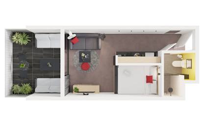A floor plan of a small apartment with a kitchen, living room, and bedroom.