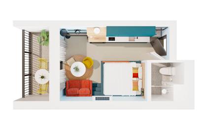 a top view of a bedroom with a bathroom and a living room