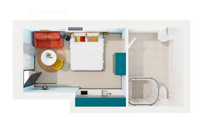 a top down view of a bedroom with a bathroom and a closet