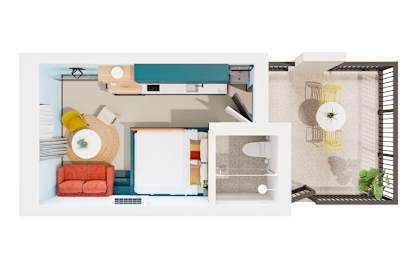 a floor plan of a small apartment with a bathroom and a bedroom