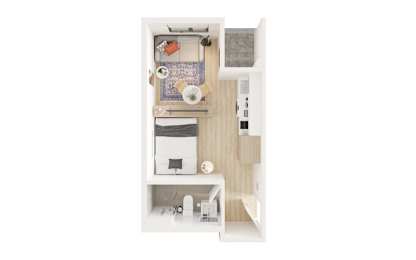 a stylized floor plan with a bedroom and a bathroom