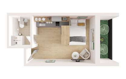 A top down view of a kitchen with a sink, stove, and refrigerator.
