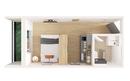 A modern bedroom with a bed, nightstand, and a chair.