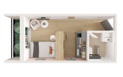 A modern living room with a white ceiling and a wooden floor.